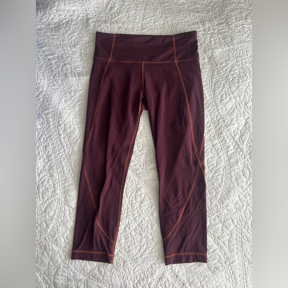 Athleta Maroon Athletic Leggings with Orange Stitching